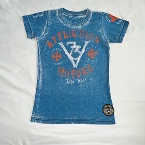 Affliction Vintage Wash Blue Graphic Kids Tee with Orange Accents